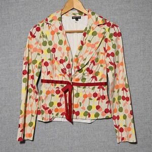 Wet Seal Blazer Womens Y2K Cherry Fruit Print Ribbon Tie USA Small Multi-Color